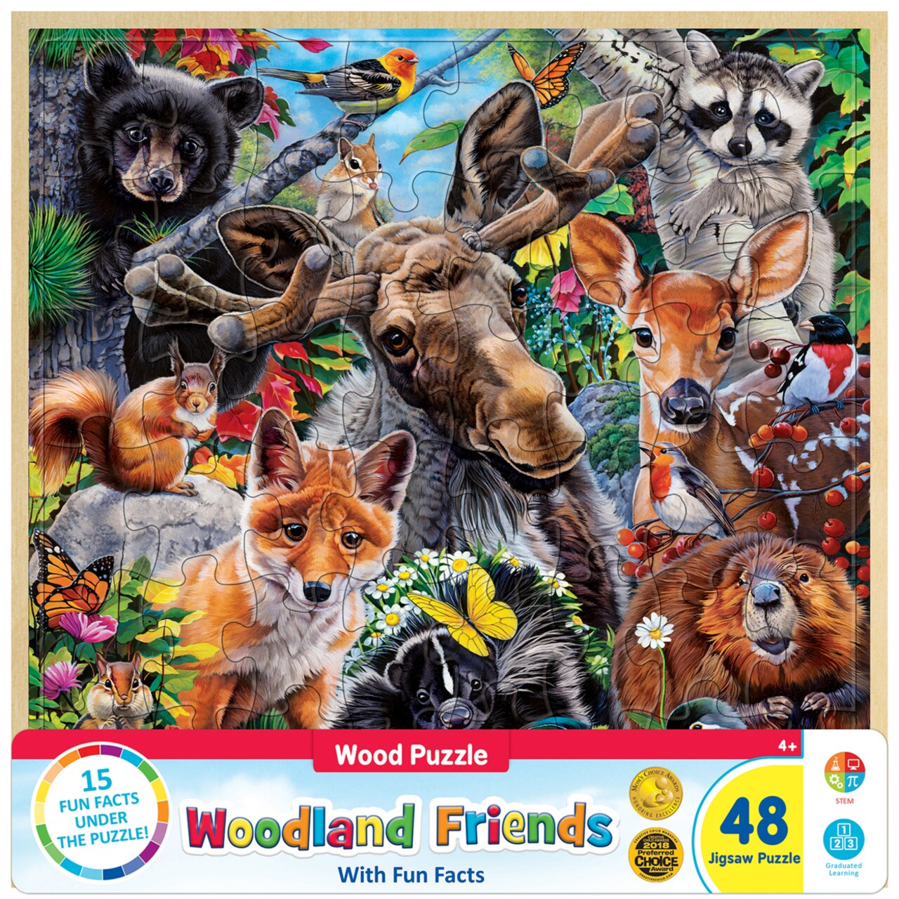 MasterPieces 48 Piece Fun Facts Jigsaw Puzzle for Kids - Woodland Friends Wood Puzzle - 12"x12"